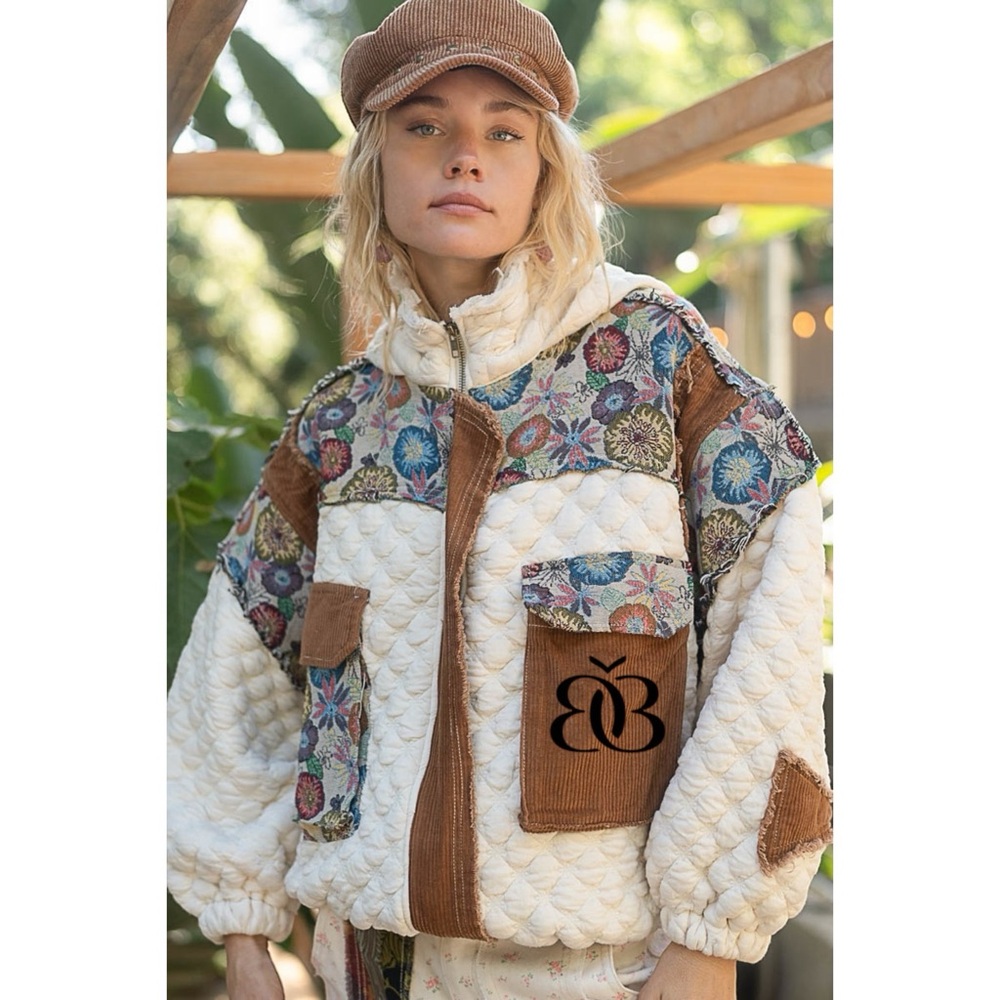 POL Cream Quilted Mock Neck Jacket with Floral Jacquard Contrast